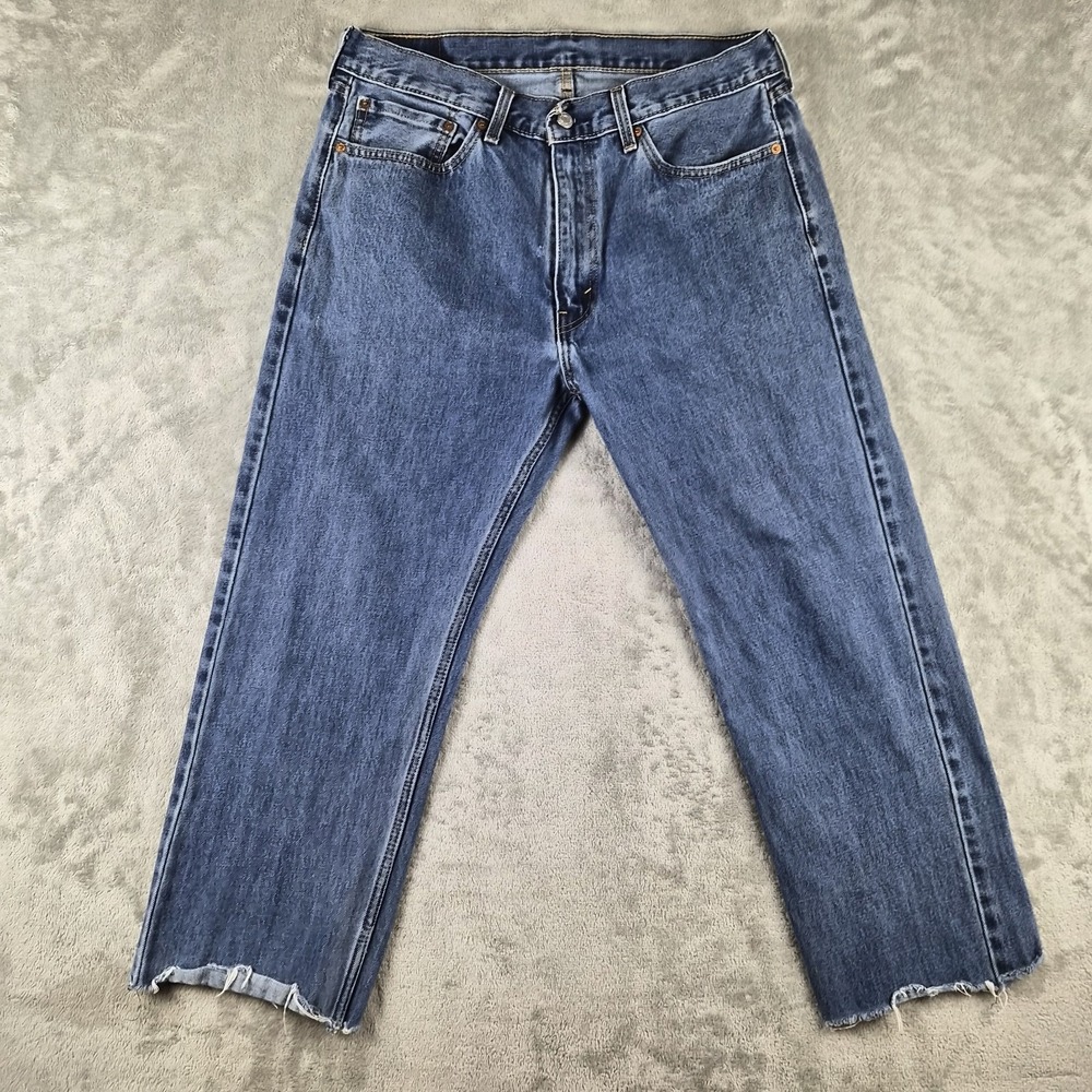 Levis 505 Jeans Mens 36x34 (fits 34x26 )Blue Denim Regular Fit Raw Hem Cut Off